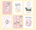 Vector baby shower design template. Cute hand drawn little bunny character. Royalty Free Stock Photo