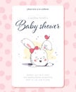 Vector baby shower design template. Cute hand drawn little bunny girl character in hole. Royalty Free Stock Photo