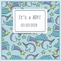 Vector baby shower greeting card. Text It`s a Baby boy. Little u