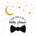 Vector Baby Shower Invitation Template with sparkle golden moon, stars, gentleman bow tie on white