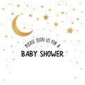Vector Baby Shower Invitation Template With Sparkle Golden Moon, Stars On White