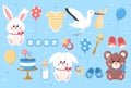 Vector baby shower set elements icon. Cartoon toys bunny, bear, bodysuit, stork with baby, birthday cake, rattle Royalty Free Stock Photo