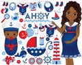 Vector Baby Shower Set with Pregnant Woman and Baby in Nautical Royalty Free Stock Photo