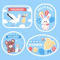 Vector baby shower stickers set. Cartoon childish toy bear, bunny, kids booties, pacifier, bottle labels on blue Royalty Free Stock Photo