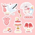 Vector baby shower stickers set for baby girl birthday day or baby shower party. Cartoon childish toy bunny, kids Royalty Free Stock Photo