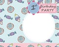 Vector baby 1-th Birthday party greeting card. Candies, donuts,