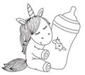 Vector baby unicorn cartoon holding bottle, black silhouette.