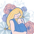 Vector Babywearing Illustration With Mother Hugging Baby In a Sling. Royalty Free Stock Photo