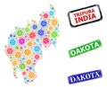 Scratched Dakota Stamps and Colorful Virus Tripura State Map Composition