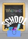 Vector Back to school blackboard banner with supplies and items. Chalkboard on wall school sale concept or poster design Royalty Free Stock Photo