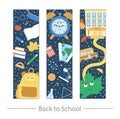 Vector back to school bookmarks set with cute schoolbag, pencil, alarm, bell, blackboard. Funny educational design for banners, Royalty Free Stock Photo