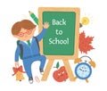 Vector back to school composition with cute schoolboy, chalkboard, alarm clock, bell, leaf. Funny educational design for banners, Royalty Free Stock Photo