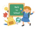 Vector back to school composition with cute schoolgirl, chalkboard, schoolbag, globe, leaf. Funny educational design for banners,