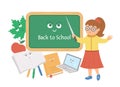 Vector back to school composition with cute teacher, chalkboard, book, apple, leaf. Funny educational design for banners, posters