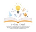 Vector back to school composition with opened book and cute lessons symbols. Funny educational design for banners, posters,