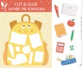 Vector back to school cut and glue activity. Autumn educational crafting game with cute kawaii schoolbag. Fun activity for kids. Royalty Free Stock Photo