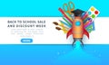 Vector back to school and discount week promotion rocket launch, horizontal sale banner design with realistic colorful supplies Royalty Free Stock Photo