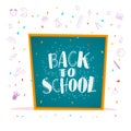 Vector back to school doodle illustration with hand drawn chalkboard greeting, lettering.