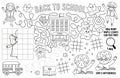 Vector back to school placemat for kids. Fall printable activity mat with maze, tic tac toe charts, connect the dots, crossword.