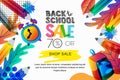 Vector back to school sale banner, poster background. Color leaves, pencils, clock, backpack on white background. Royalty Free Stock Photo