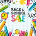 Vector back to school sale banner, poster background. Hand drawn sketch letters, multicolor pencils. Royalty Free Stock Photo