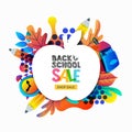 Vector back to school sale banner, poster template. Apple frame with color gradients leaves, pencils, clock, backpack Royalty Free Stock Photo