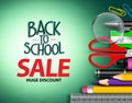 Vector back to school sale text in green background with colorful school items