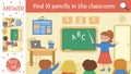 Vector back to school searching game with children and teacher in the classroom. Find hidden pencils in the class room. Simple fun