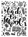Vector back to school typography poster with science signs and symbols. black and white back to school calligraphy lettering.