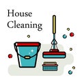 Vector background of accessories for cleaning in a flat style. Washing the floor, cleaning the windows. Linear style