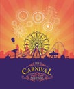 Vector background of amusement park. Poster design invitation of the carnival funfair and amusement with sunset. Ferris wheel,