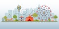 Vector background of amusement park. Urban landscape with carousels, roller coaster and air balloon. Carnival theme