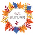 Vector background with autumn leaves and text. Hello autumn. Orange and yellow leaf seasonal illustration. Hand-drawn Royalty Free Stock Photo