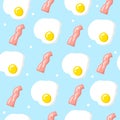 Vector background with bacon and scrambled eggs. Breakfast seamless pattern. Ornament for textile and wrapping