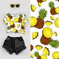 Vector background of bananas. Vector illustration. Short top with fruits and shorts, feminine stylish look. Summer outfit.