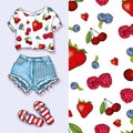 Vector background of berries and fruits for print. Vector illustration. Short top and shorts, feminine stylish look.