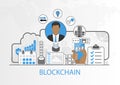 Vector background of businessman and icons for blockchain concept