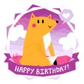 Vector background and card Happy Birthday with cute funny cartoon fox sitting on the grass and heart in speech bubble