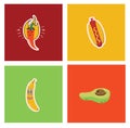 Vector background cards with trendy illustrations of crazy banana, avocado, hot peooer and hotdog.