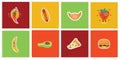 Vector background cards with trendy illustrations of crazy banana, avocado, hot pepper, pizza and hotdog.