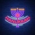 Vector background of Chanukah with menorah and star of David. Neon sign Happy sign of Hanukkah. An elegant greeting card Royalty Free Stock Photo