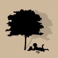 Vector background with children read a book under tree. Vector Illustration Royalty Free Stock Photo