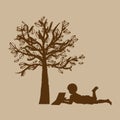 Vector background with children read a book under tree. Vector Illustration Royalty Free Stock Photo