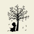 Vector background with children read a book under tree. Vector Illustration Royalty Free Stock Photo