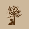 Vector background with children read a book under tree. Vector Illustration Royalty Free Stock Photo