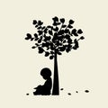 Vector background with children read a book under tree. Vector Illustration Royalty Free Stock Photo