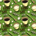 Vector background with coffee cups, milk jugs, beans, a spoon, coffee pots, sugar cubes, a grinder. Modern line style