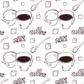 Vector background with coffee cups, milk jugs, beans, a spoon, coffee pots, sugar cubes, a grinder. Modern line style