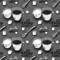 Vector background with coffee cups, milk jugs, beans, a spoon, coffee pots, sugar cubes, a grinder. Modern line style