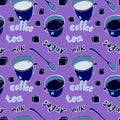 Vector background with coffee cups, milk jugs, beans, a spoon, coffee pots, sugar cubes, a grinder. Modern line style